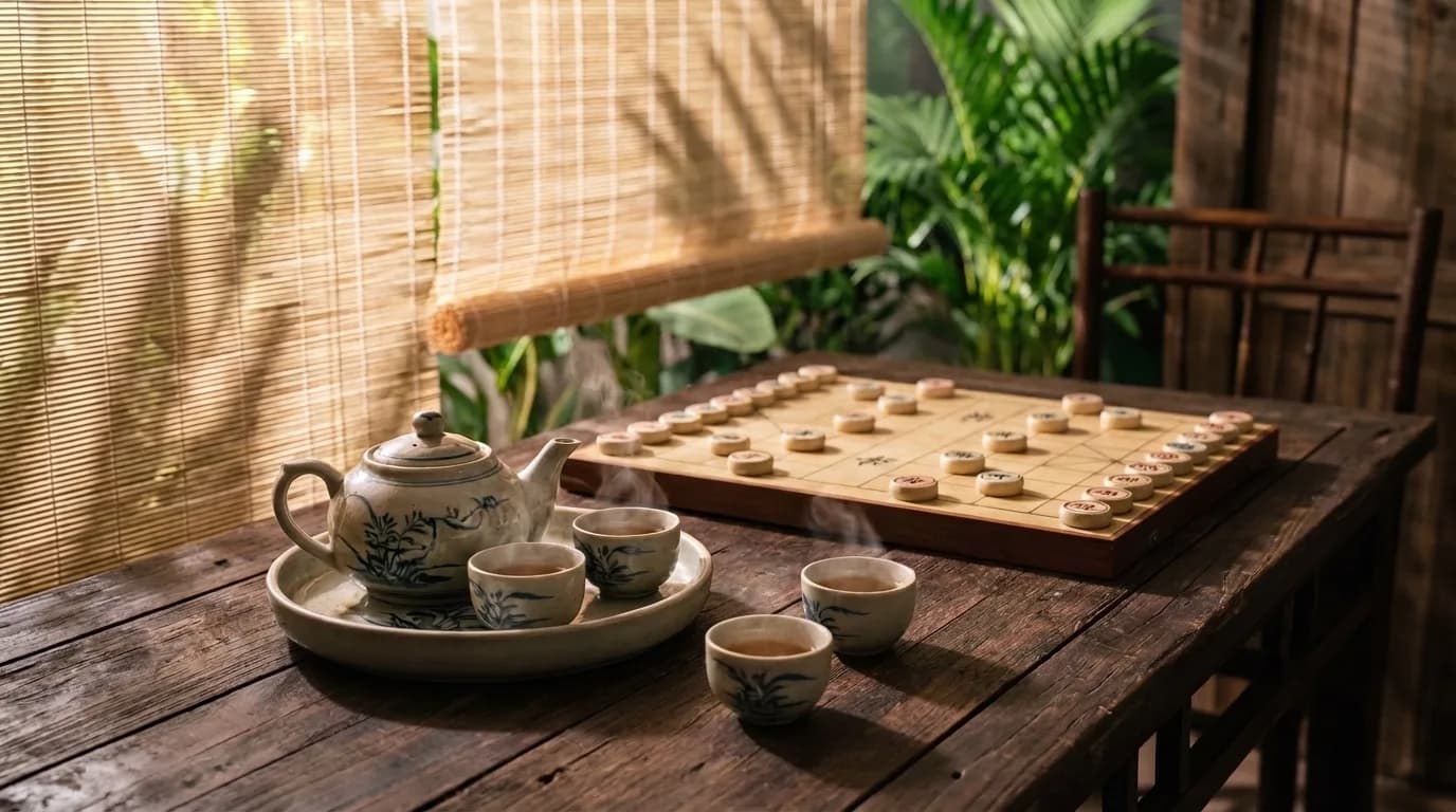 Bàn trà và bàn cờ tướng trong không gian thiền tĩnh lặng
